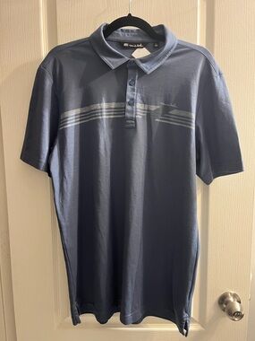 TravisMathew Men's Slate Blue Polo with Subtle Stripes